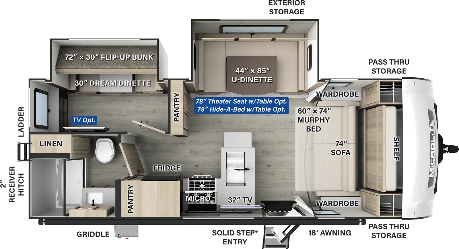 The Flagstaff Micro Lite 25FBH has one entry and two slide outs. Exterior features include: fiberglass exterior and 18' awning. Interiors features include: bunk beds, u-dinette and murphy bed.